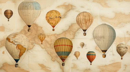 Vintage hot air balloons over the world map. Travel concept.の素材