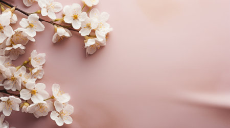 cherry blossom on pink background, copy space, top viewの素材