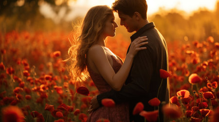 Beautiful young couple in a field of red poppies at sunsetの素材