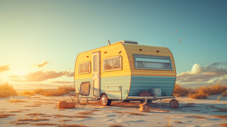 3D rendering of a camper on a beach at sunset.の素材