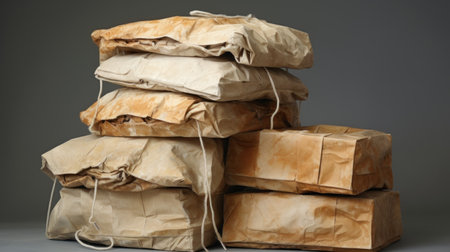 Pile of brown paper bags on grey background. 3d renderingの素材