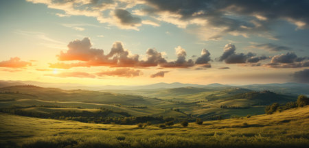 Beautiful sunset in Tuscany, Italy. Panoramic imageの素材