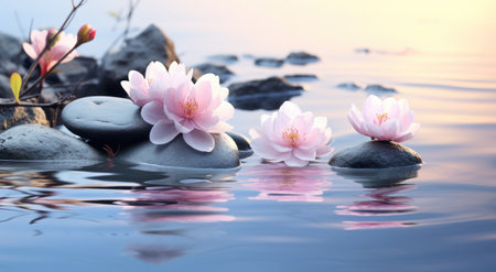 zen stones with pink flowers and reflection in water, zen conceptの素材