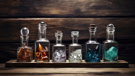 Magic potion in bottles on old wooden shelf. Witchcraft concept.の素材