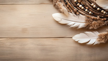 Wooden background with feathers and beads. Top view with copy spaceの素材