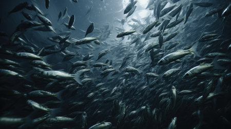 Underwater view of a school of fish swimming in the ocean.の素材
