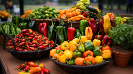 Variety of colorful peppers on display at a farmers market stall.の素材