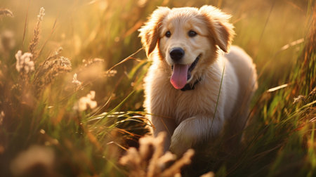Golden retriever dog sitting in tall grass at sunset, closeupの素材