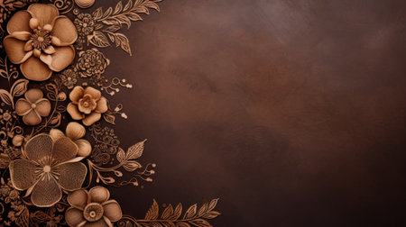 Wooden flowers and leaves on a brown background with copy space.の素材