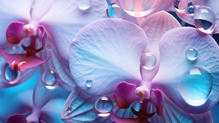 Beautiful orchid flowers with dew drops on blue background.の素材