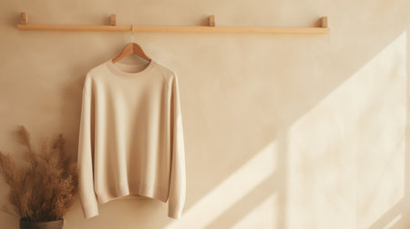 Blank white t-shirt hanging on wooden hanger on wallの素材