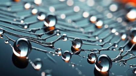 Water drops on spider web. 3d illustration with depth of fieldの素材