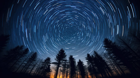 Star trails in the night sky with coniferous trees silhouettesの素材