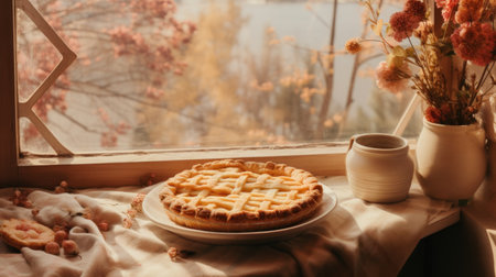 Homemade apple pie and cup of hot tea on the windowsillの素材