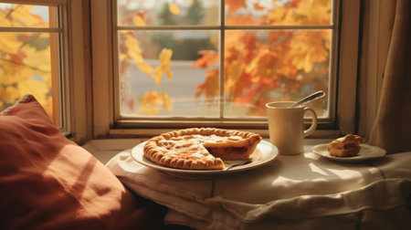 Cup of coffee and homemade pie on the windowsill in autumnの素材