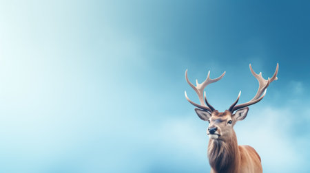 Deer with big antlers on blue sky background. 3d renderingの素材