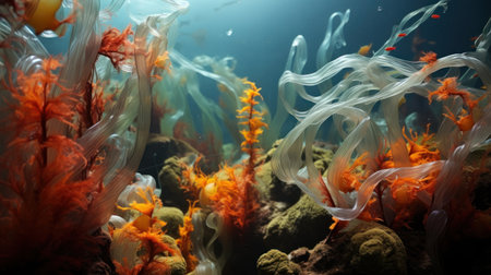 Underwater world with jellyfish and seaweed. 3d renderingの素材