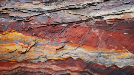 Close up of red and yellow sandstone layers in a quarry.の素材