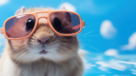 Funny hamster with sunglasses on blue sky background, closeupの素材