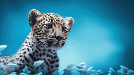 Leopard cub in the grass on a blue background with copy spaceの素材