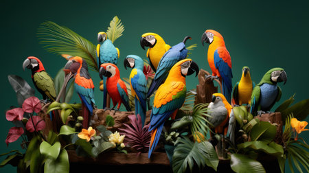 Colorful parrots sitting on a branch with tropical leaves and flowersの素材