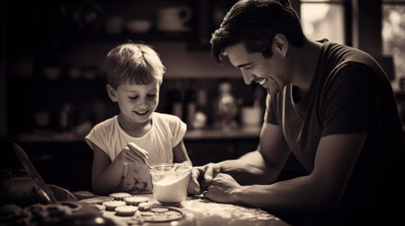 Father and son baking cookies together in the kitchen. Black and white.の素材
