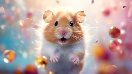 Funny hamster with Christmas balls and confetti on blue backgroundの素材
