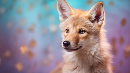 Close-up portrait of a cute red fox on a blue backgroundの素材