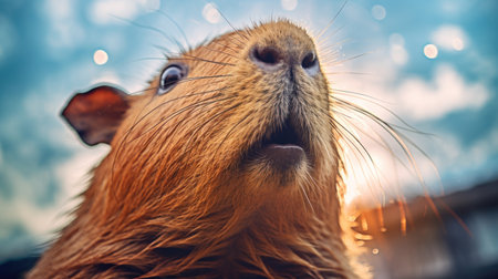 Cute pet guinea pig close-up at sunset on a background of blue skyの素材