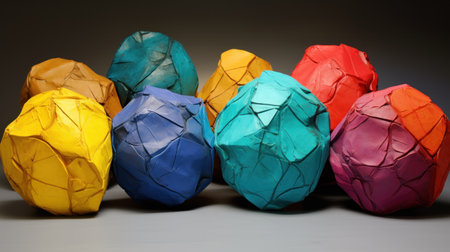 Colorful crumpled paper balls on a gray background. Studio shot.の素材