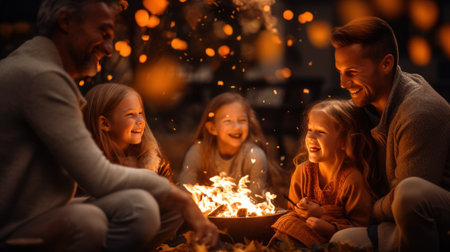 happy family with kids having bonfire at autumn campfire at nightの素材