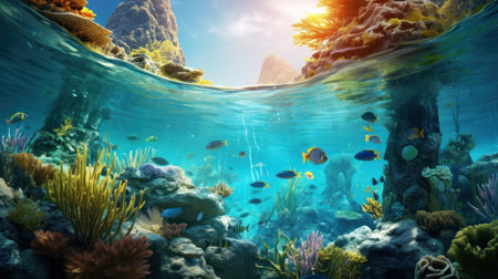 Underwater world with corals and tropical fish. 3d renderingの素材