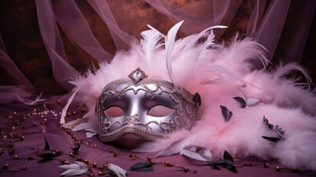 Image of elegant and delicate Venetian mask over pink feather backgroundの素材