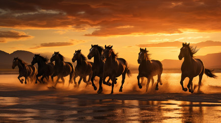 Horses running on the salt lake at sunset, California, USAの素材