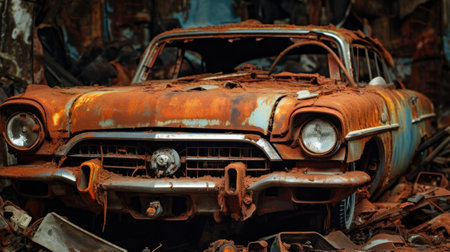 Rusty old car in a scrapyard. Selective focus.の素材