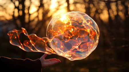 Glowing soap bubble in the hands of a girl at sunset.の素材