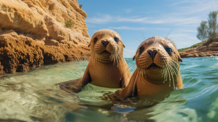 Two sea lions swimming in the ocean, close-up. The sea lion (Zalophus californianus)の素材