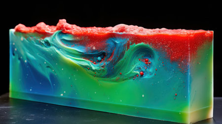 Piece of colorful soap on black background. Shallow depth of field.の素材