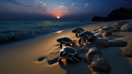 Sea turtles on the beach in the evening. 3d render.の素材