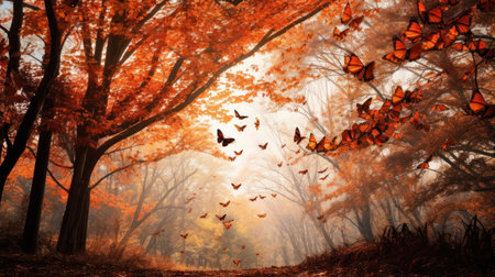 Autumn forest with butterflies flying in the air. 3d renderingの素材