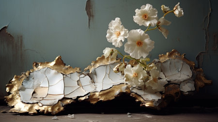 Still life with white flowers on the background of a cracked wall.の素材