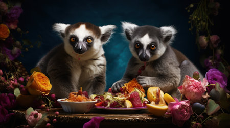 Two lemurs sitting on a table with fruits and flowers.の素材