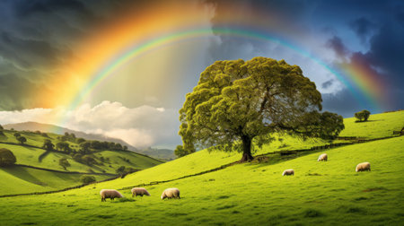 Rainbow over a green meadow with sheeps and a treeの素材