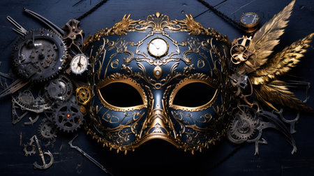 Steampunk background with mechanical watches, gears and masks. 3d renderingの素材