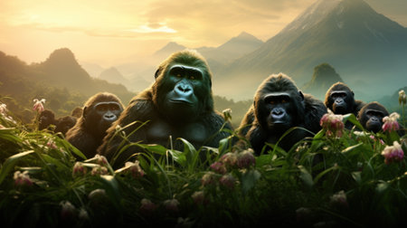 Gorilla in the jungle at sunset. Panoramic image.の素材