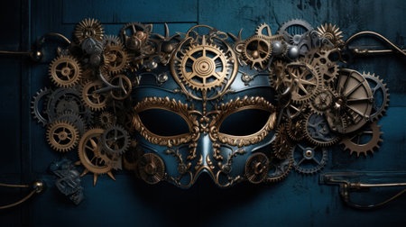 Metal gears and cogwheels with mask on blue wooden background.の素材