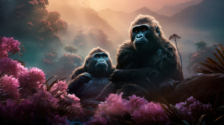 Gorilla and monkey in the jungle. 3D render.の素材