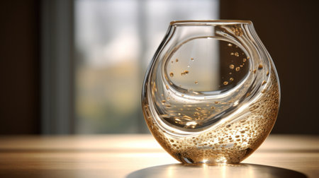 A glass vase filled with water on a wooden table in the roomの素材