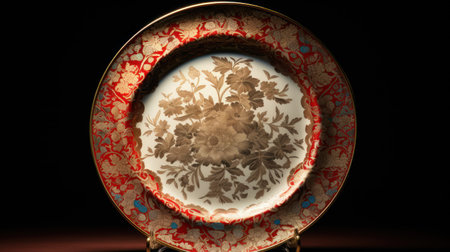 Antique porcelain plate with floral pattern on a black backgroundの素材