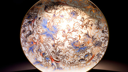 Closeup of a beautiful porcelain plate with floral pattern.の素材